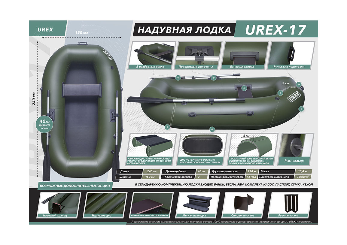 Купить Надувная лодка ПВХ UREX-17, для сплава, зеленая UR-17 7ft.ru в интернет магазине Семь Футов
