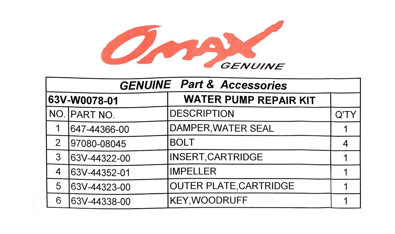 Купить Ремкомплект помпы Yamaha 9.9-15, Omax (упаковка из 20 шт.) 63VW007801_OM_pkg_20 7ft.ru в интернет магазине Семь Футов