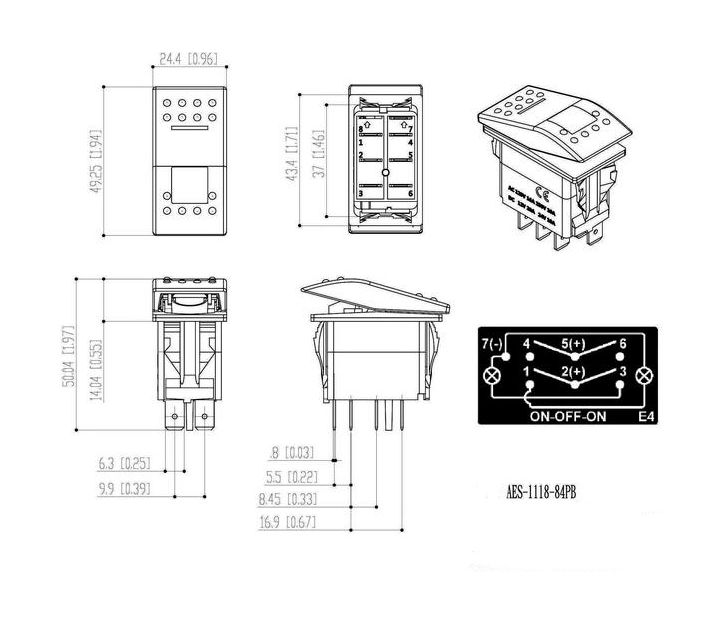 Купить Переключатель трехпозиционный ON-OFF-ON 12 В/20А 7Р с подсветкой AES.Co AES111884PB 7ft.ru в интернет магазине Семь Футов