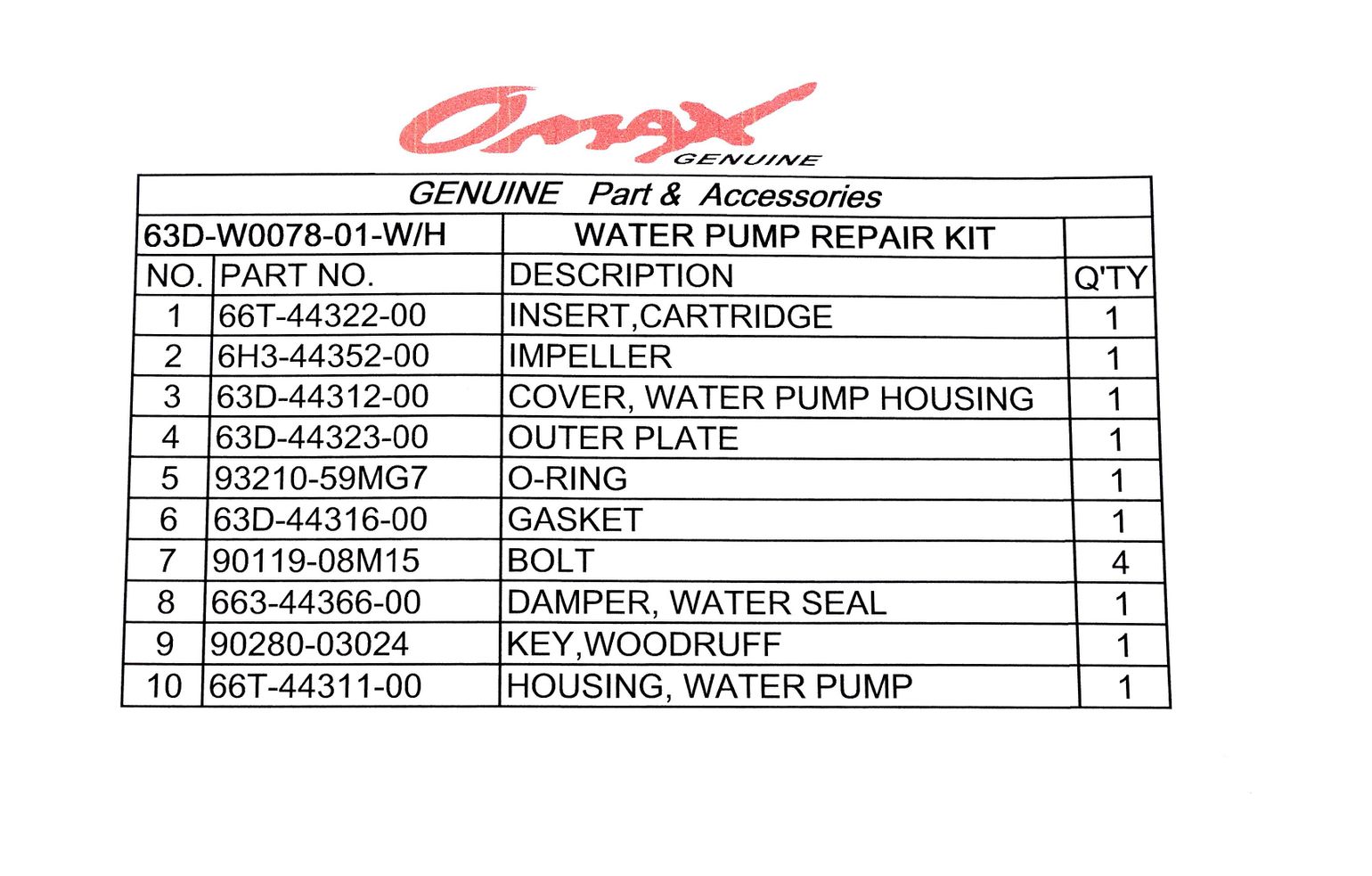 Купить Ремкомплект помпы c корпусом Yamaha 40/50/60, Omax 63DW007801_WH_OM 7ft.ru в интернет магазине Семь Футов