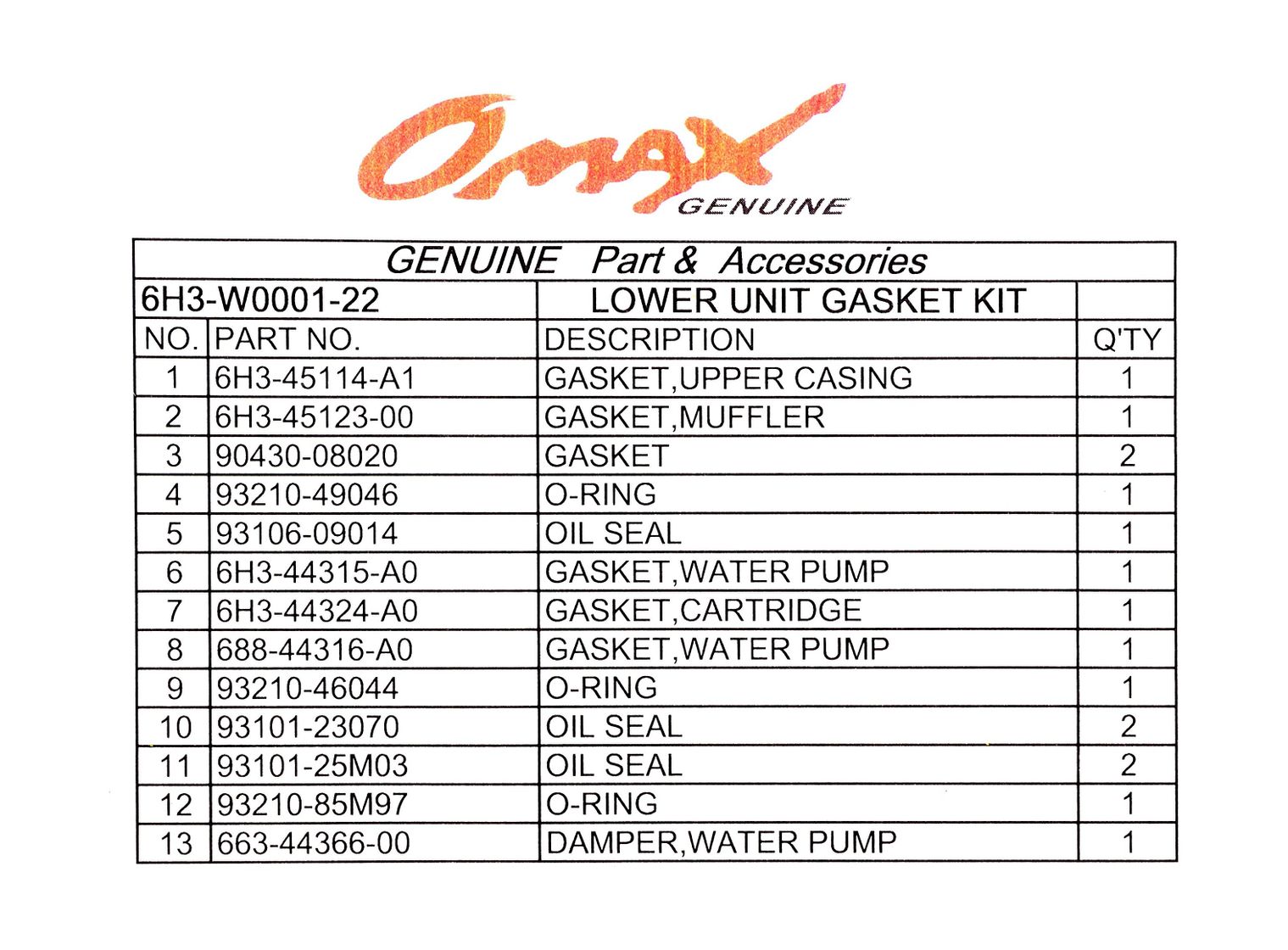 Купить Ремкомплект редуктора Yamaha 60F/70B, Omax 6H3W000122_OM 7ft.ru в интернет магазине Семь Футов