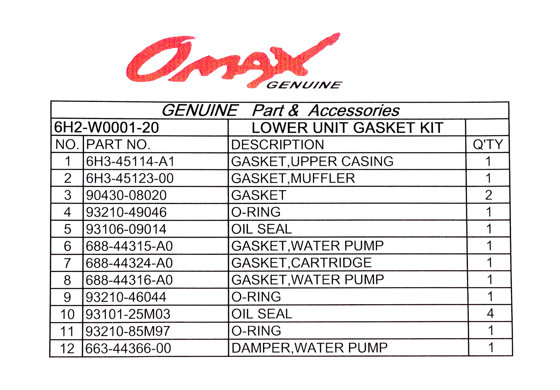 Купить Ремкомплект редуктора Yamaha 60F/70D, Omax 6H2W000120_OM 7ft.ru в интернет магазине Семь Футов