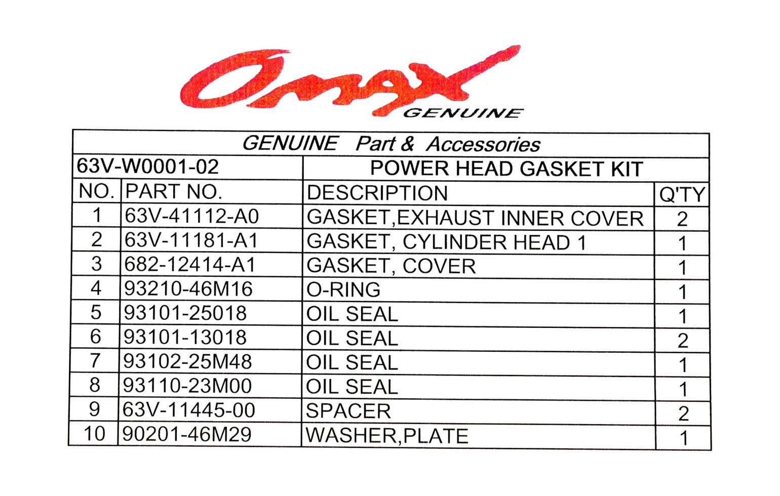Купить Ремкомплект блока Yamaha 9.9F/15F, Omax (упаковка из 20 шт.) 63VW000102_OM_pkg_20 7ft.ru в интернет магазине Семь Футов