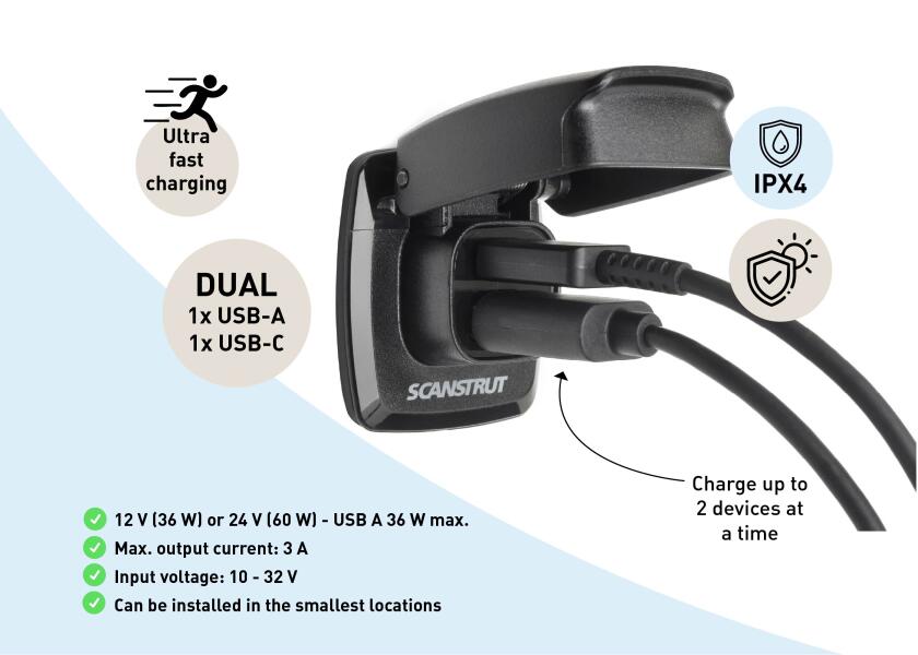 Купить Scanstrut SC-USB-F1 1xUSB-A&1xUSB-C 12/24V Двойной USB-штекер Flip Pro с быстрой зарядкой Black 7ft.ru в интернет магазине Семь Футов