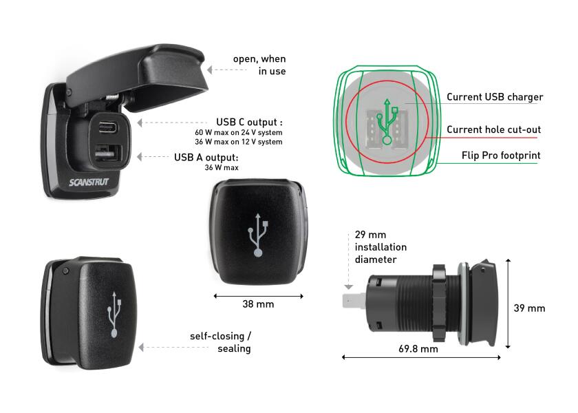 Купить Scanstrut SC-USB-F1 1xUSB-A&1xUSB-C 12/24V Двойной USB-штекер Flip Pro с быстрой зарядкой Black 7ft.ru в интернет магазине Семь Футов