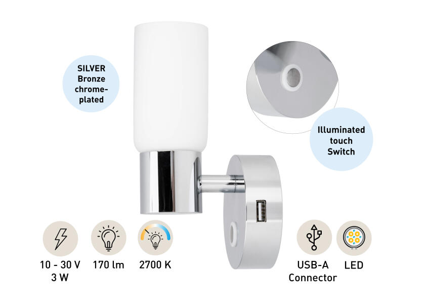 Купить SEATEC LED Wall Light / with touch switch and USB charging port 29818-bvs 7ft.ru в интернет магазине Семь Футов