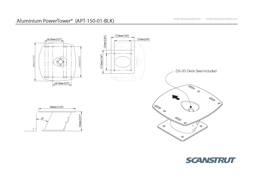 Купить Крепление для радара/антенны Scanstrut PowerTower APT-150-01-BLK 150мм из алюминия с наклоном 25° цвет черный, Osculati 29.900.11 7ft.ru в интернет магазине Семь Футов
