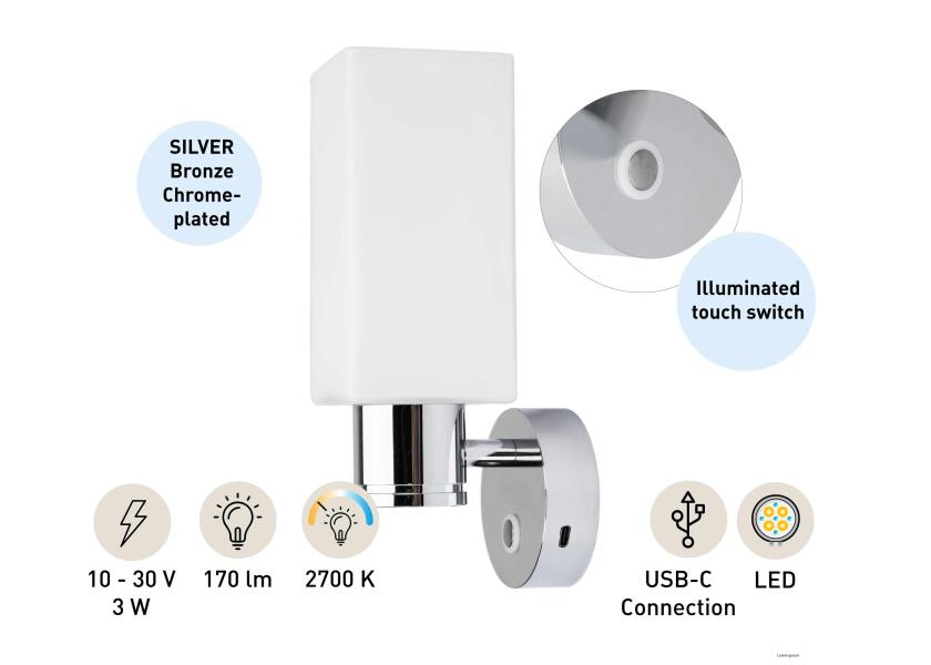 Купить SEATEC LED Square Wall Light / with touch switch and USB-C charging socket 31982-bvs 7ft.ru в интернет магазине Семь Футов