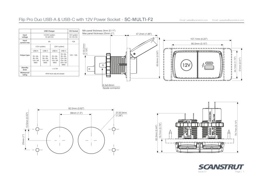 Купить Панельная розетка Scanstrut Flip Pro Multi SC-MULTI-F2 10–30В 60Вт  USB-A/USB-C/12в  посадочный ⌀32мм водонепроницаемая устойчивая к УФ-излучению 7ft.ru в интернет магазине Семь Футов