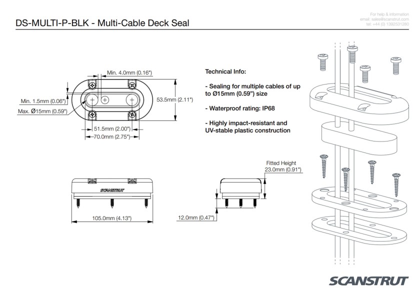 Купить Сальник кабельный водонепроницаемый Scanstrut DS-MULTI-P-BLK ø15мм 23х105 класс защиты IP68 из ударопрочного пластика черного цвета 7ft.ru в интернет магазине Семь Футов