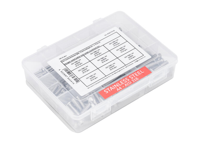 Купить V4A assortment box / flat round head screws w/o flange / M4 - M6 / ISO 7380-1 / 150 pieces 34246-bvs 7ft.ru в интернет магазине Семь Футов