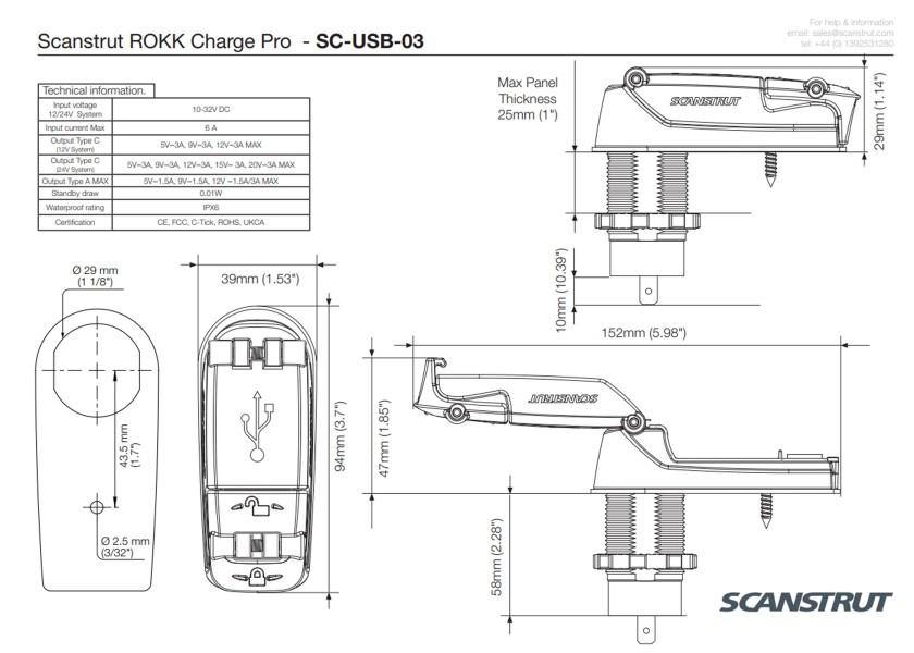 Купить Водонепроницаемый зарядный порт Scanstrut ROKK Charge Pro SC-USB-03 12–24В 36/60Вт USB-A/USB-C IPX6 Ø39х94мм быстрая зарядка PD и QC черный 7ft.ru в интернет магазине Семь Футов