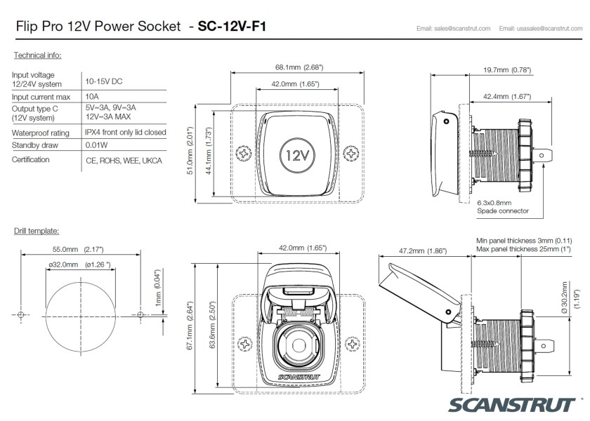 Купить Панельная розетка Scanstrut Flip Pro SC-12V-F1 10–15В 6А посадочный ⌀32мм водонепроницаемая устойчивая к УФ-излучению 7ft.ru в интернет магазине Семь Футов