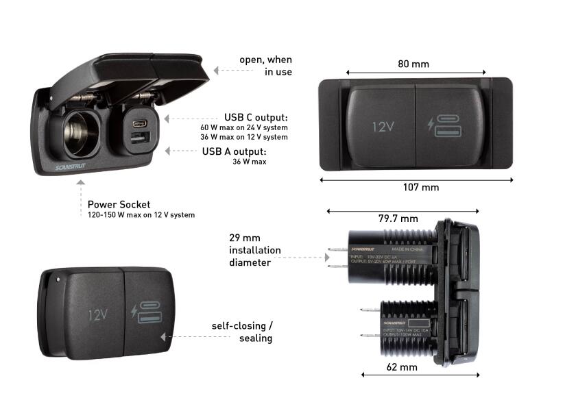 Купить Панельная розетка Scanstrut Flip Pro Multi SC-MULTI-F2 10–30В 60Вт  USB-A/USB-C/12в  посадочный ⌀32мм водонепроницаемая устойчивая к УФ-излучению 7ft.ru в интернет магазине Семь Футов