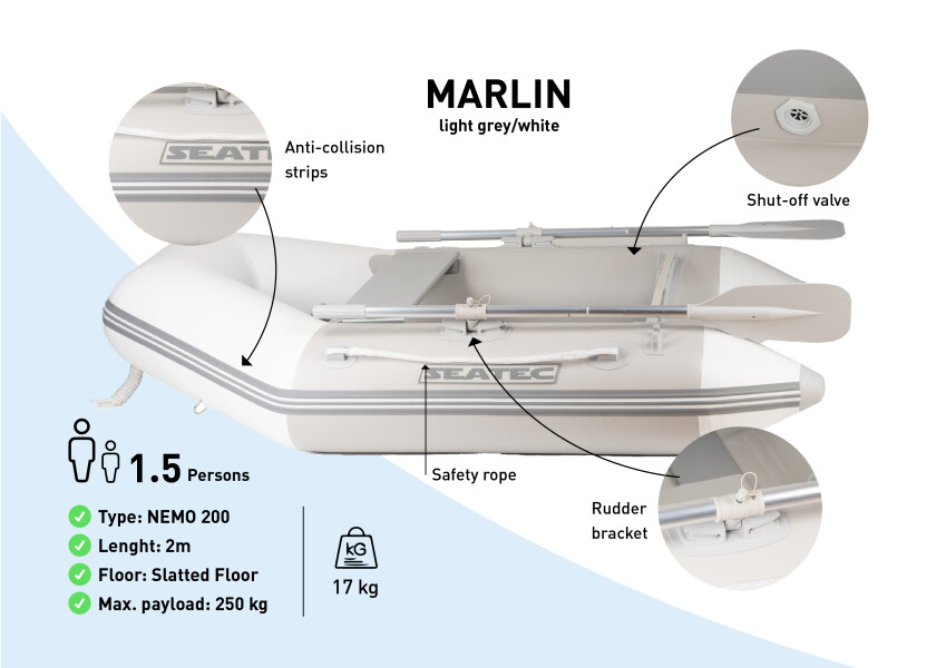 Купить SEATEC Надувная лодка MARLIN / NEMO 200 / 2,0 м / светло-серый/белый / макс. 2,5 л.с. 7ft.ru в интернет магазине Семь Футов