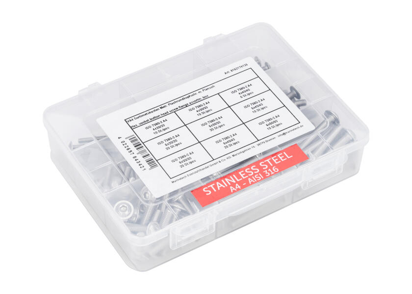 Купить V4A Assortment Box / flat round head screws with flange / M4 - M6 / ISO 7380-2 / 125 pieces 34247-bvs 7ft.ru в интернет магазине Семь Футов