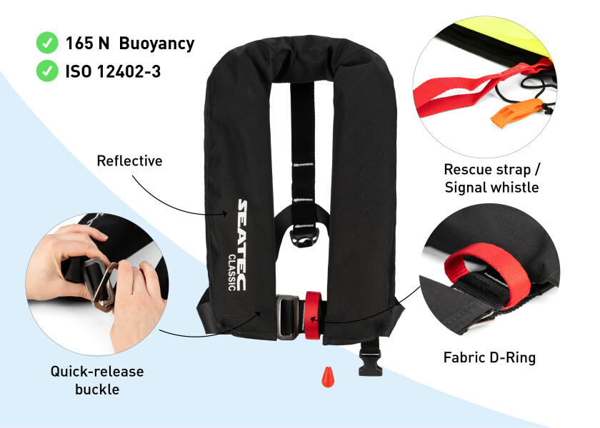 Купить SEATEC Спасательный жилет CLASSIC 165 / черный / 165 N / вкл. спасательный круг 7ft.ru в интернет магазине Семь Футов