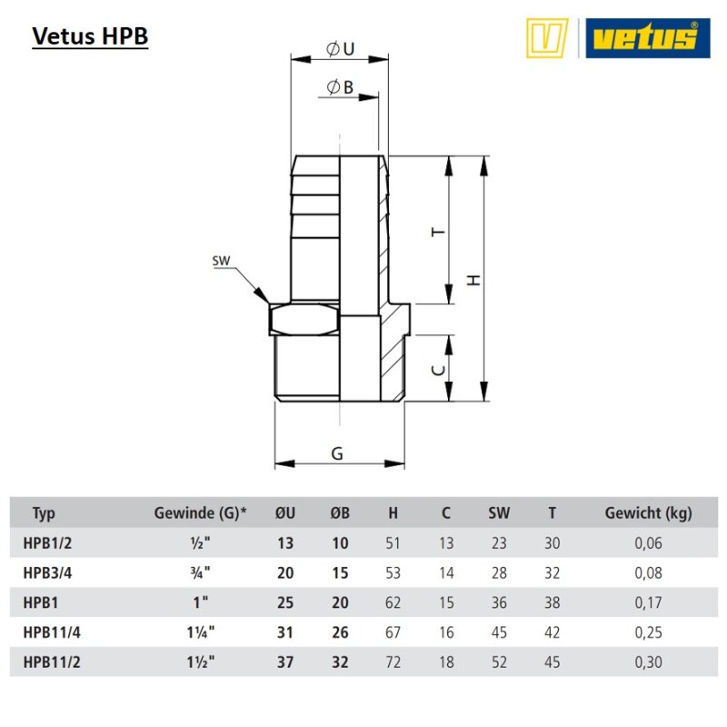 Купить Vetus HPB Bronze Шланговый фитинг с наружной резьбой 1/2" - 1-1/2" 7ft.ru в интернет магазине Семь Футов