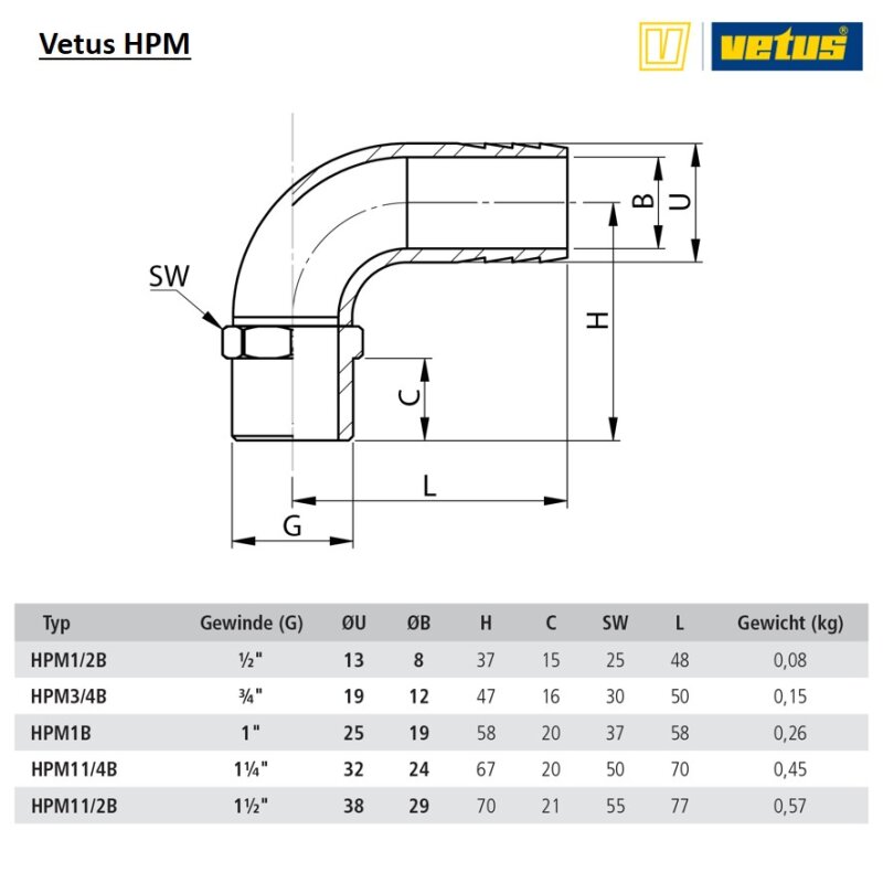 Купить Vetus HPM Brass Hose Fitting with male thread 1/2" - 1-1/2", 90° elbow 7ft.ru в интернет магазине Семь Футов