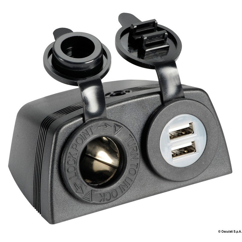 Накладное гнездо прикуривателя + двойной разъём USB 12/24В из чёрного полиамида, Osculati 14.516.04