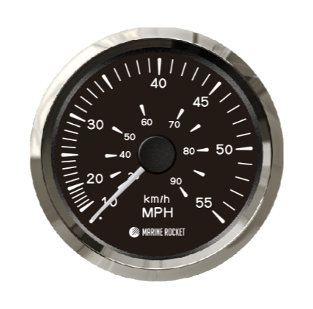 Купить Спидометр манометрический 0-55 MPH, черный циферблат, нержавеющий ободок, д. 85 мм, Marine Rocket SMAM00055BSMR 7ft.ru в интернет магазине Семь Футов
