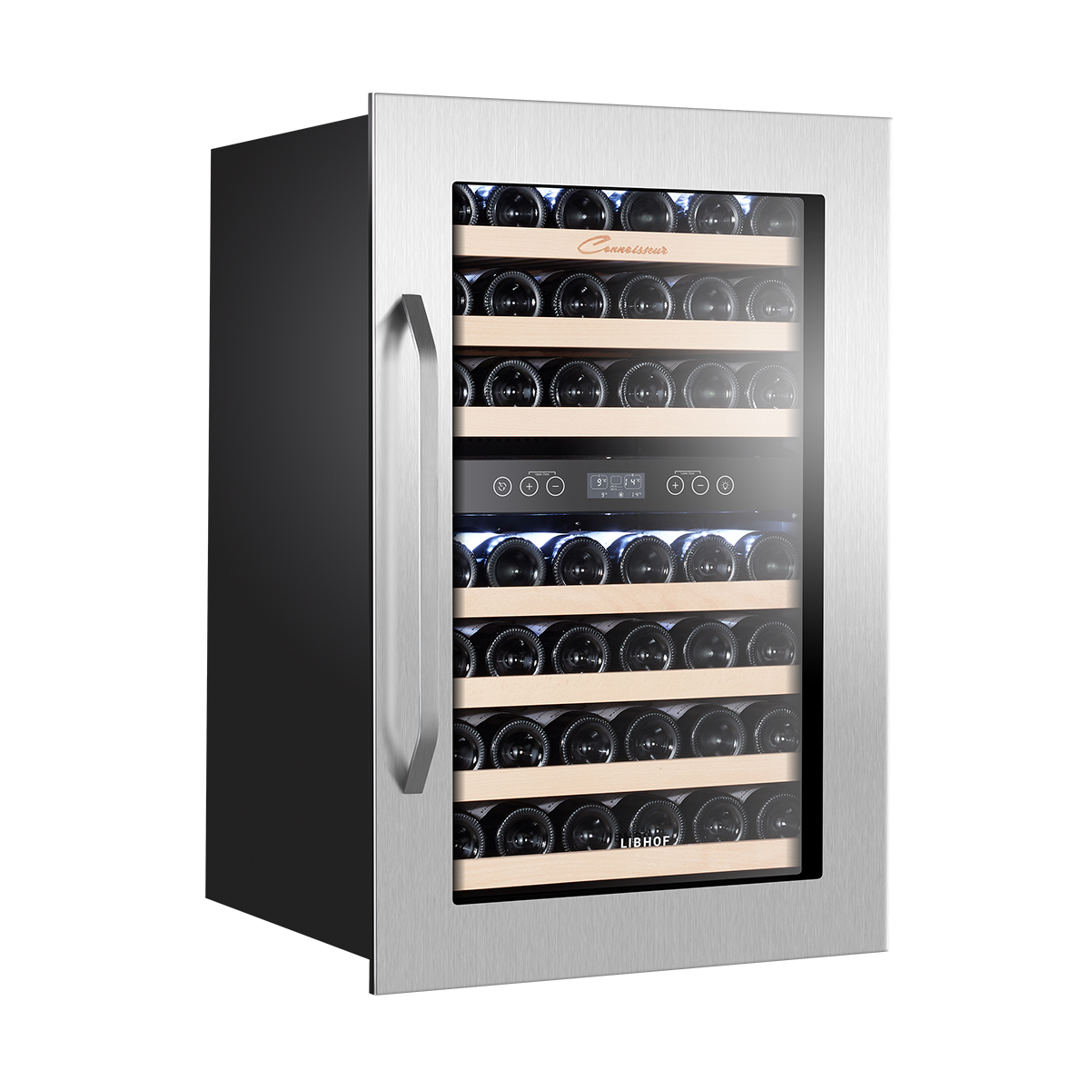 Винный шкаф двухзонный встраиваемый в нишу Libhof Connoisseur CKD-42 Silver 594х560х882мм для 42 бутылок серебристый с синей подсветкой с угольным фильтром