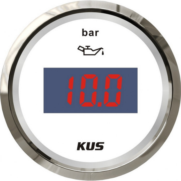 Цифровой указатель давления масла KUS WS KY15015 Ø52мм 12/24В IP67 10-184Ом 0-10бар белый/нержавейка