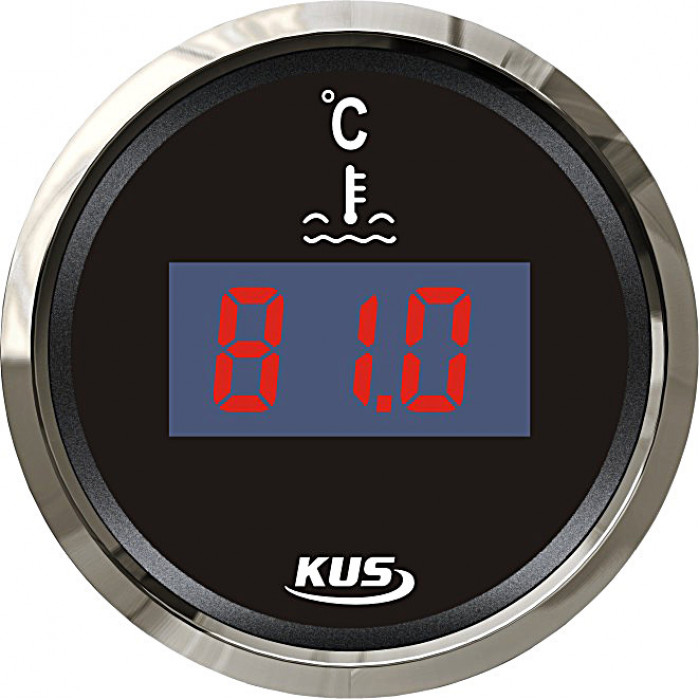 Цифровой указатель температуры воды KUS BS KY24000 Ø52мм 12/24В IP67 20-300Ом 25-120°C чёрный/нержавейка