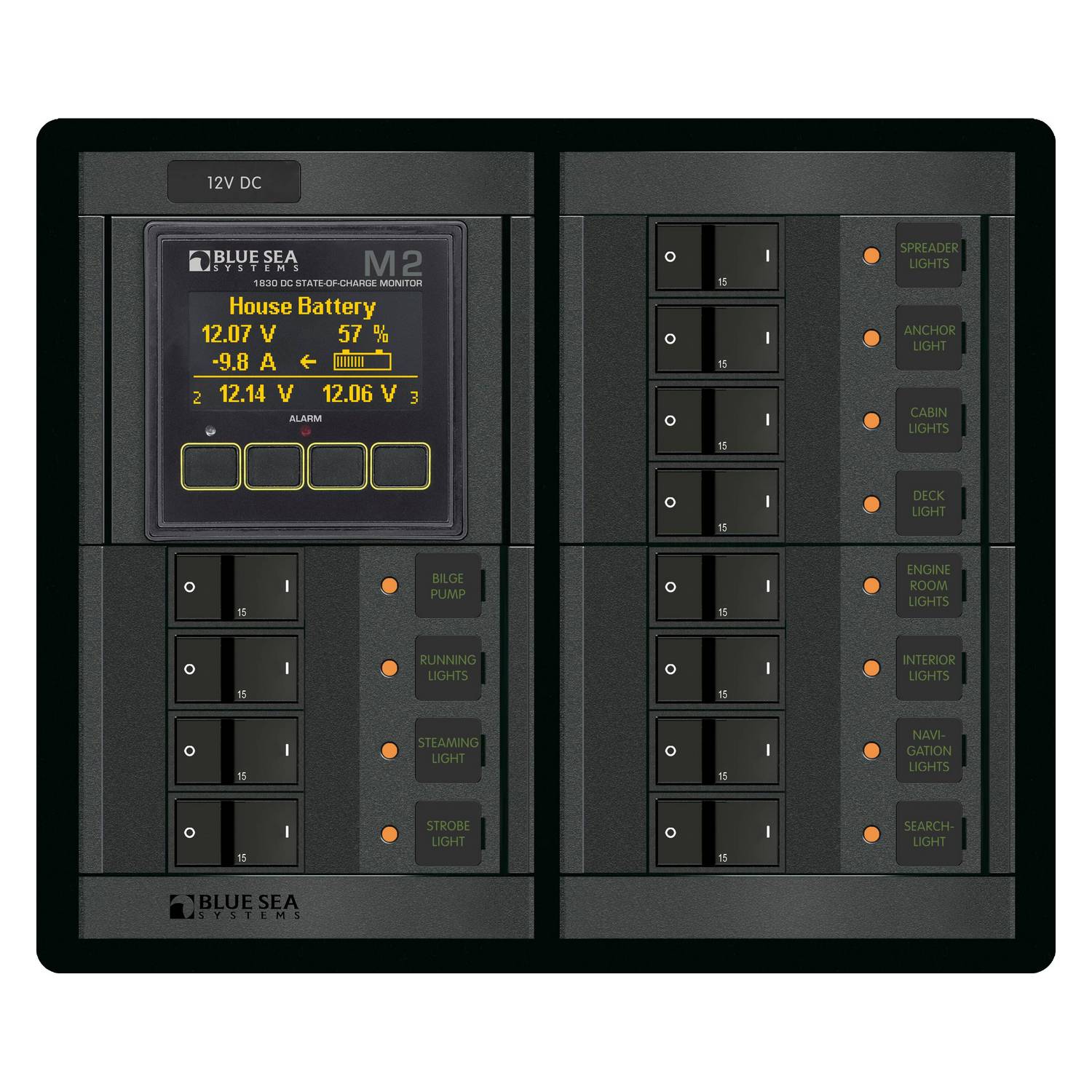 Панель выключателей Blue Sea 360 Panel System 1496 12/24В 100А вольтметр-амперметр/12 автоматов для 3 АКБ 235x197мм