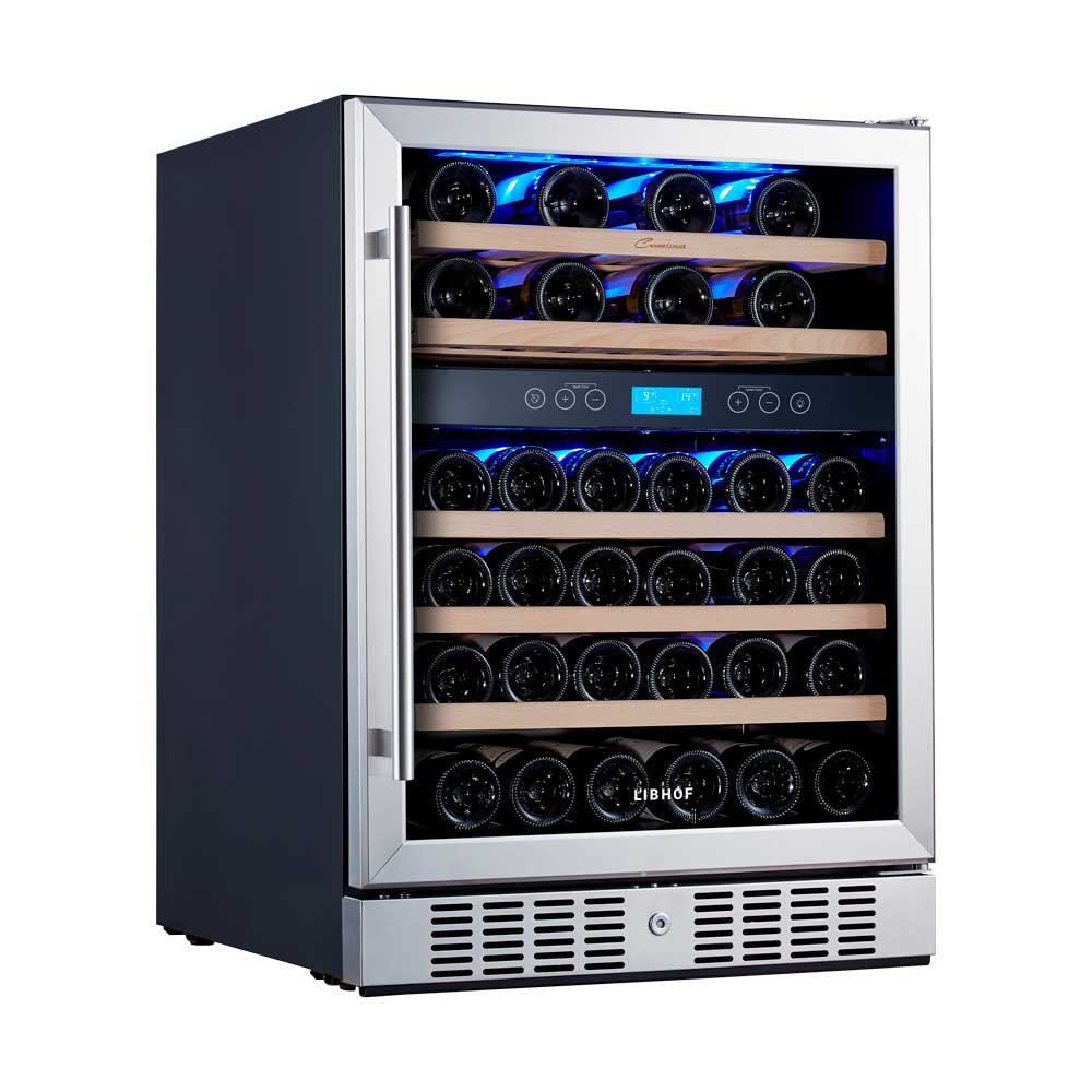 Винный шкаф двухзонный встраиваемый Libhof Connoisseur CTD-46 Silver 595х570х820мм на 46 бутылок серебристый с синей подсветкой под столешницу с угольным фильтром
