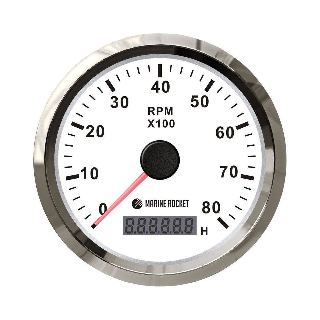 Тахометр 0-8000 об/мин со счетчиком моточасов делитель 1-10, белый циферблат, нержавеющий ободок, Marine Rocket TM8007WSMR