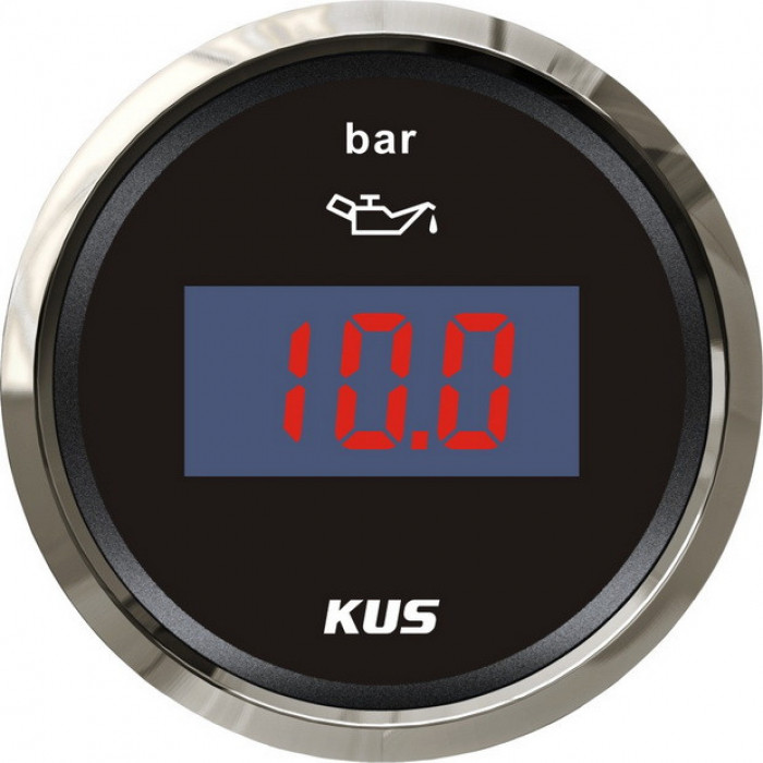 Цифровой указатель давления масла KUS BS KY15012 Ø52мм 12/24В IP67 10-184Ом 0-10бар чёрный/нержавейка