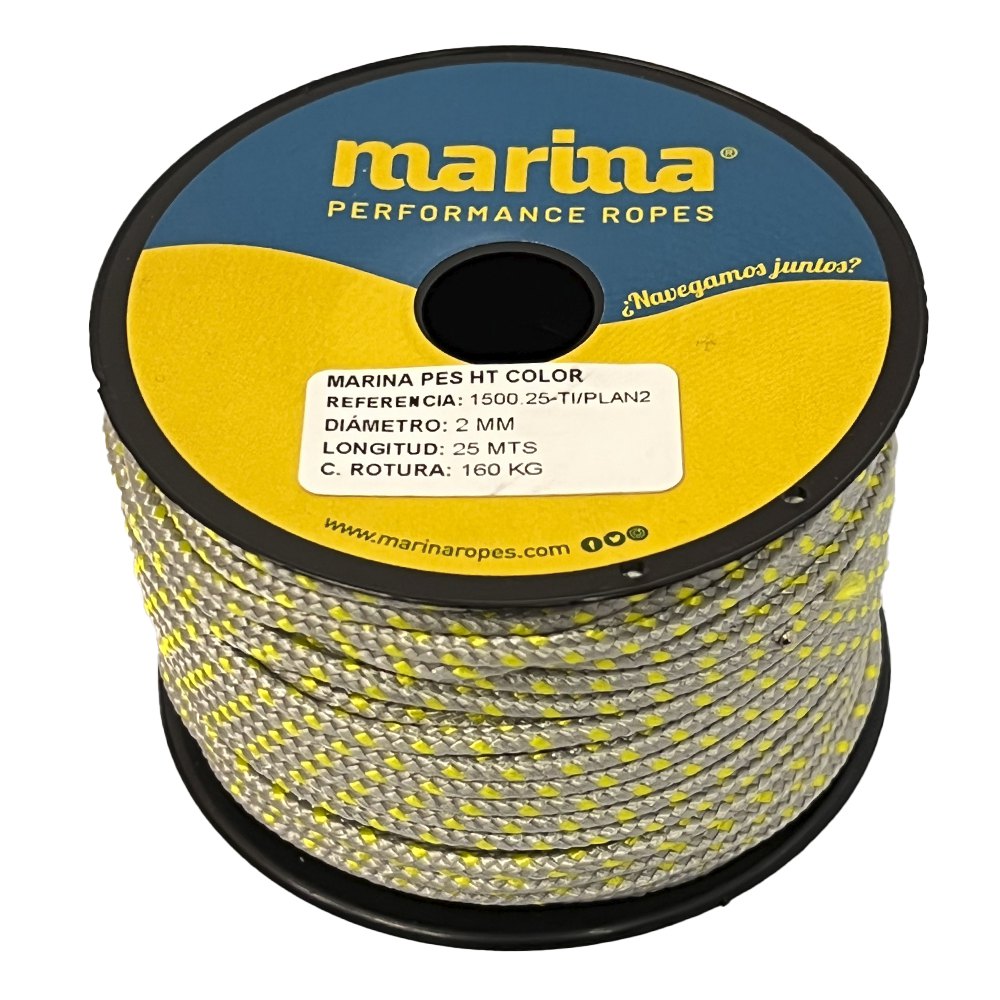 Marina performance ropes 1500.25/PLAN2 Marina Pes HT Color 25 m Двойная плетеная веревка Золотистый Silver / Neon Yellow 2 mm 