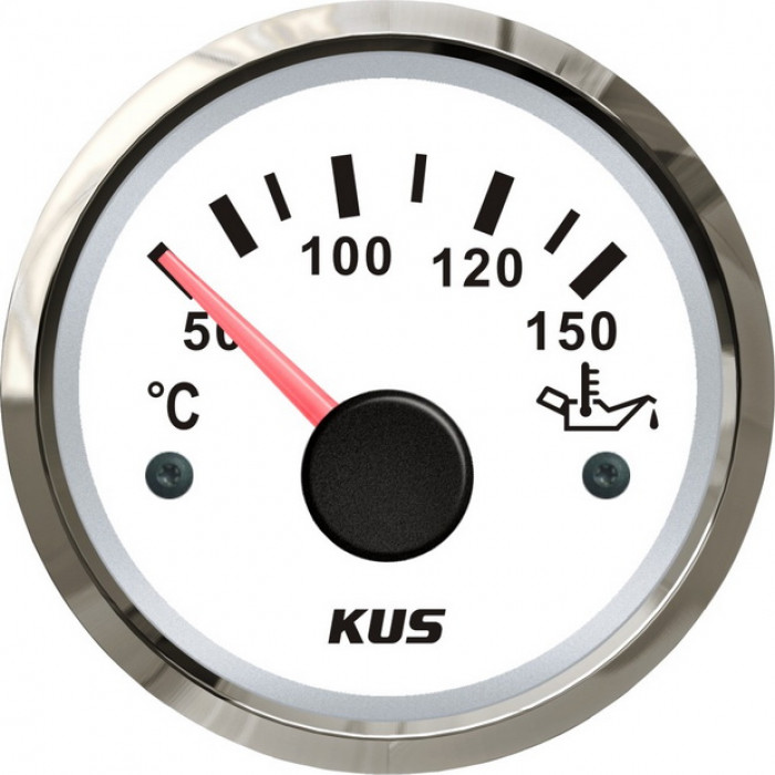 Аналоговый указатель температуры масла KUS WS KY14102 Ø52мм 12/24В IP67 20-370Ом 50-150°C белый/нержавейка
