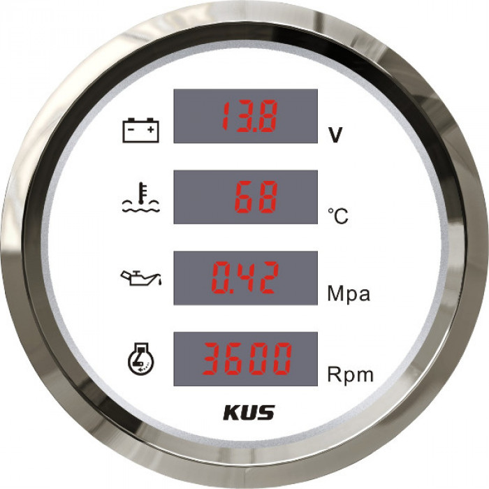 Цифровой многофункциональный прибор KUS WS KY79102 Ø85мм 12/24В IP67 4в1 вольтметр/тахометр/указатель температуры воды/указатель давления масла белый/нержавейка