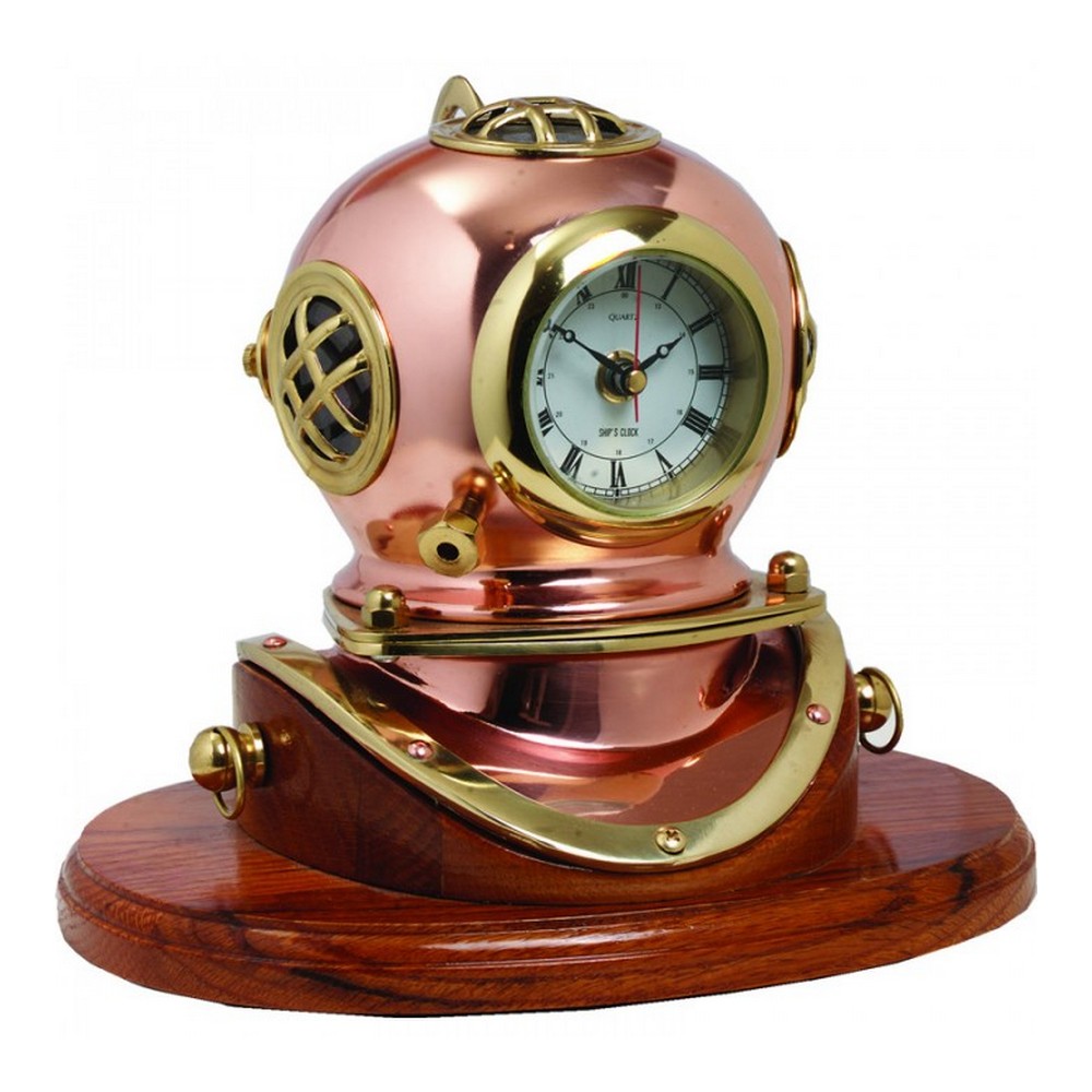 Часы "Водолазный шлем" Nauticalia 7012 100мм из латуни и меди с деревянным основанием