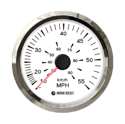 Купить Спидометр манометрический 0-55 MPH, белый циферблат, нержавеющий ободок, д. 85 мм, Marine Rocket SMAM00055WSMR 7ft.ru в интернет магазине Семь Футов