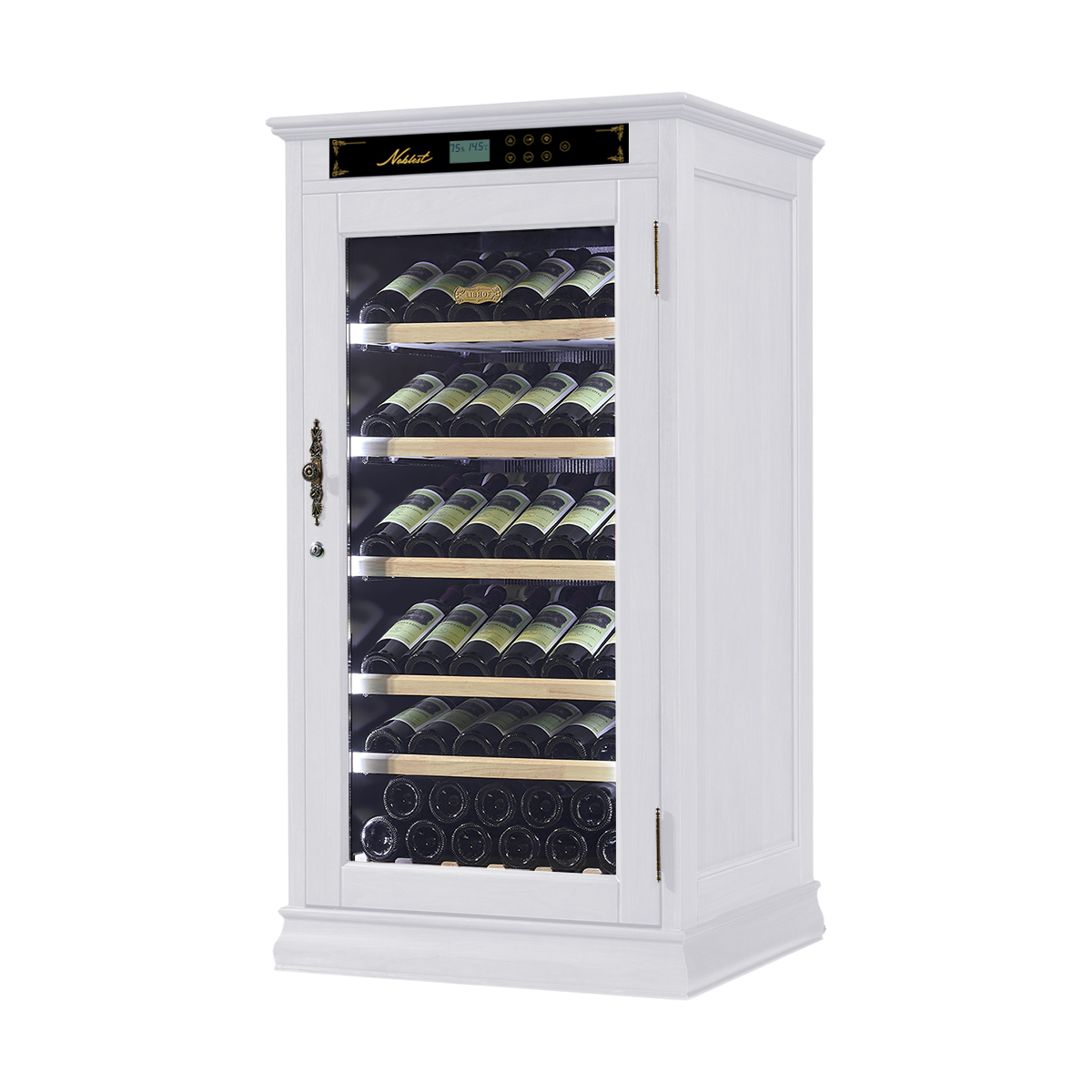 Винный шкаф однозонный отдельностоящий Libhof Noblest NR-69 White 700х650х1330мм на 69 бутылок из американского дуба белый с белой подсветкой
