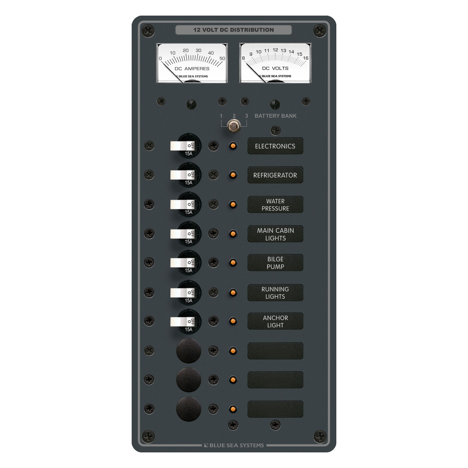 Панель выключателей 10 позиционная Blue Sea Traditional Metal 8082 12В 50А вольтметр/амперметр/7 автоматов для 3 АКБ 133x286мм