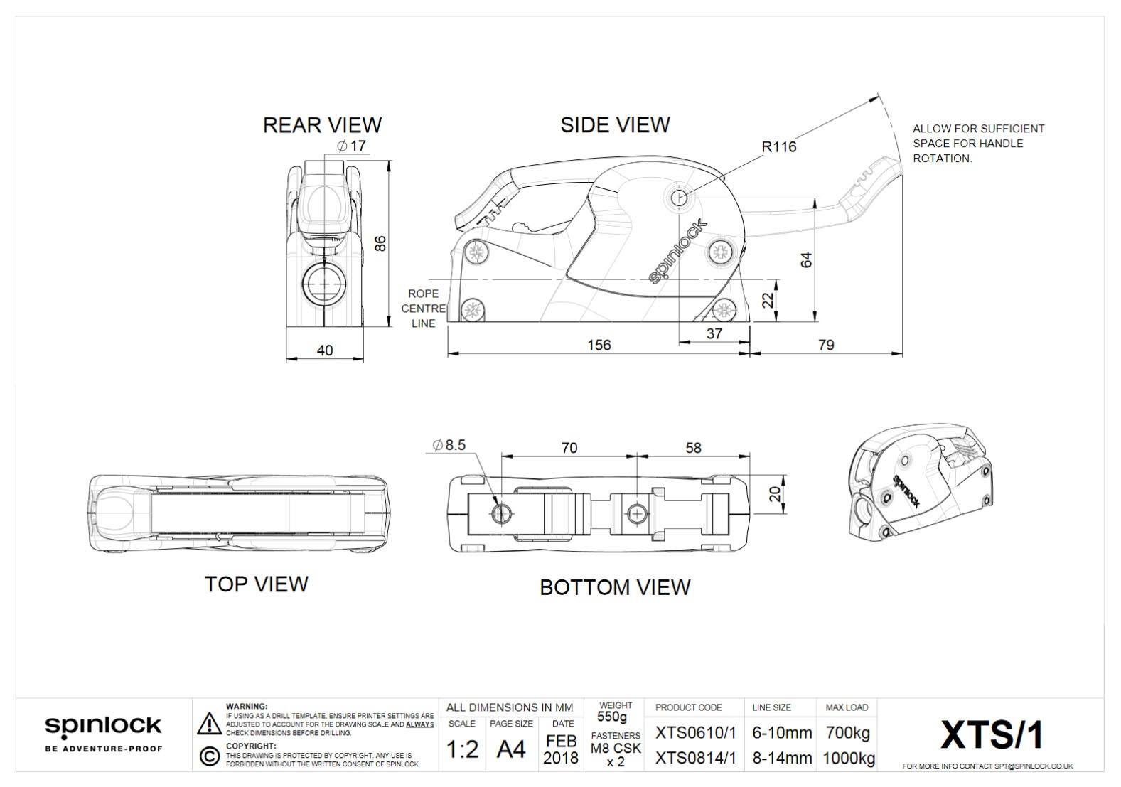 Купить Стопор фаловый одинарный Spinlock XTS0814\1 для тросов 8-14 мм до 1000 кг 7ft.ru в интернет магазине Семь Футов