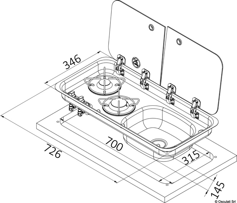 Купить Built-in double hob - right sink w/ glass cover and mixer, Osculati 50.714.03 7ft.ru в интернет магазине Семь Футов