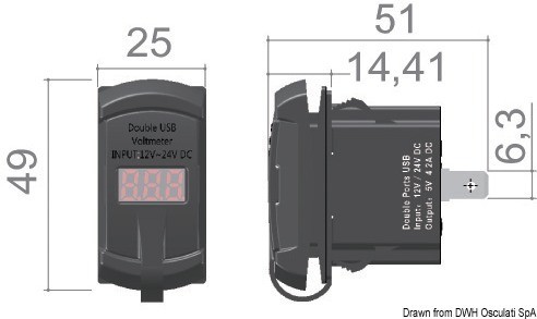 Купить Двойная розетка USB с вольтметром для зарядки мобильных устройств 5-30 В 4.2 А, Osculati 14.195.61 7ft.ru в интернет магазине Семь Футов