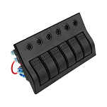 Панель бортового питания AES.Co AES121435P6_pkg_10 12/24В 183х100мм 6 клавишных переключателя 5хON-OFF и 1х(ON)-OFF с автоматическими предохранителями 3х10А/3х15А 10шт/уп из чёрного пластика