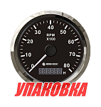 Тахометр 0-8000 об/мин со счетчиком моточасов делитель 0.5-250, черный циферблат, нержавеющий ободок, Marine Rocket (упаковка из 30 шт.) TM8005BSMR_pkg_30