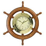 Штурвал с часами в иллюминаторе Nauticalia 7115 Ø620мм из дерева и латуни