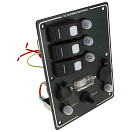 Купить Панель бортового питания AES.Co AES121417A_pkg_10 12/24В 190х133мм вертикальная 3 клавишных переключателя ON-OFF и тумблером ON-OFF-ON с автоматическими предохранителями гнездом прикуривателя и розеткой 10шт/уп из чёрного алюминия 7ft.ru в интернет магазине Семь Футов