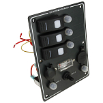 Панель бортового питания AES.Co AES121417A_pkg_10 12/24В 190х133мм вертикальная 3 клавишных переключателя ON-OFF и тумблером ON-OFF-ON с автоматическими предохранителями гнездом прикуривателя и розеткой 10шт/уп из чёрного алюминия