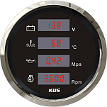 Цифровой многофункциональный прибор KUS BS KY79000 Ø85мм 12/24В IP67 4в1 вольтметр/тахометр/указатель температуры воды/указатель давления масла чёрный/нержавейка