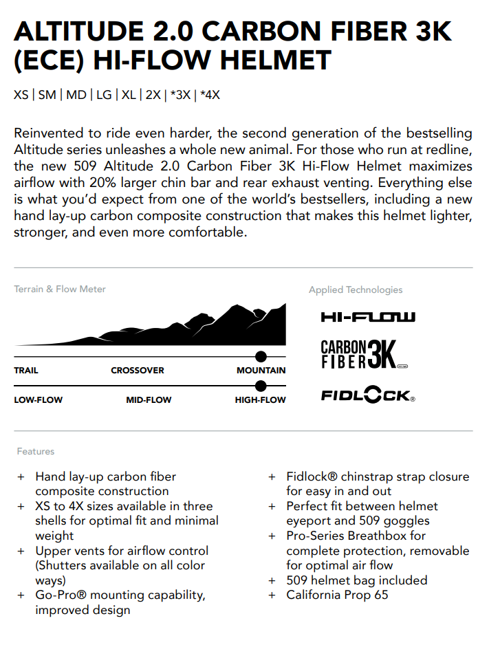 Купить Шлем 509 Altitude 2.0 Carbon 3K Hi Flow L OEM: F01009900-140-204 в интернет магазине Семь Футов
