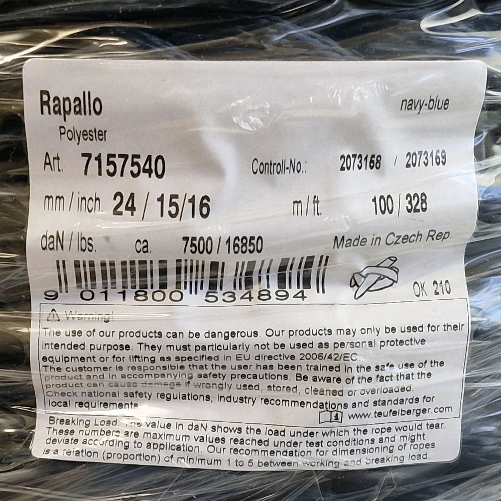 Купить Трос якорно-швартовый 3х-прядный FSE Robline Rapallo 7157540 Ø24мм 10200дН из тёмно-синего полиэстера 7ft.ru в интернет магазине Семь Футов